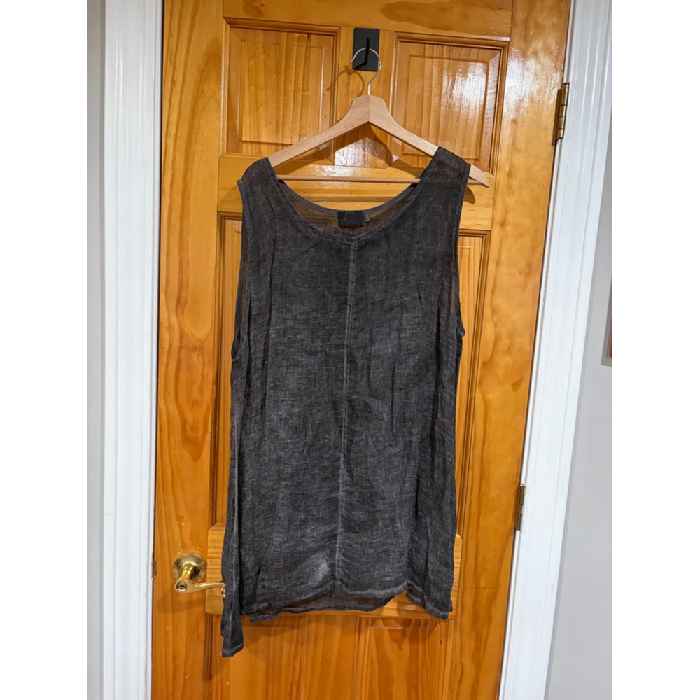 Fenini Black Sheer 100% Linen Gauze Knit Tank Top Sleeveless Layering XL USA